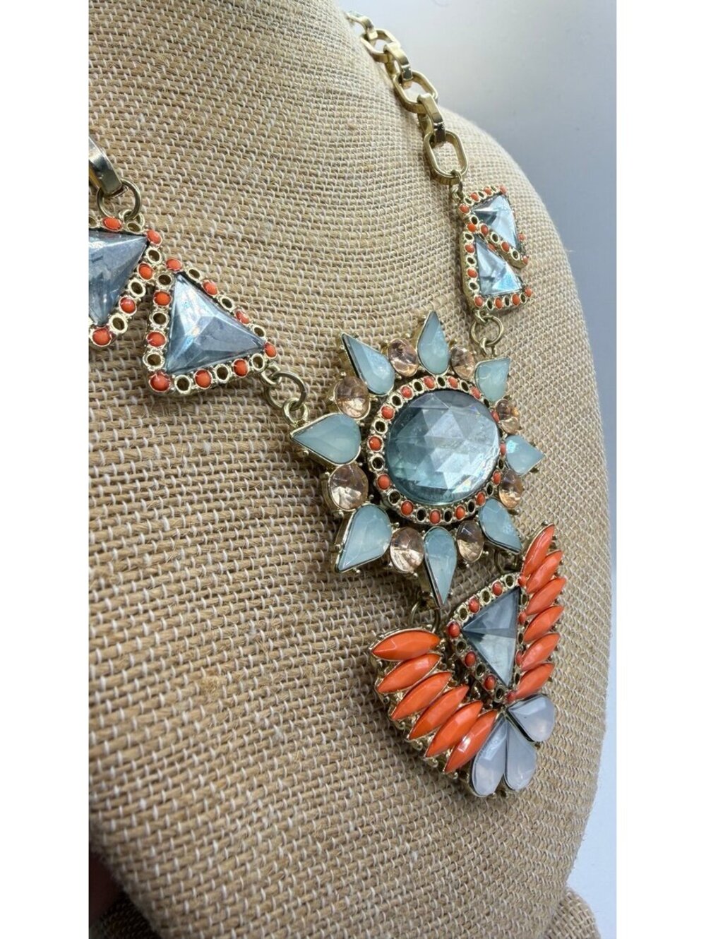 Boho Statement Necklace- Coral Blue Rhinestone and Gold Tone